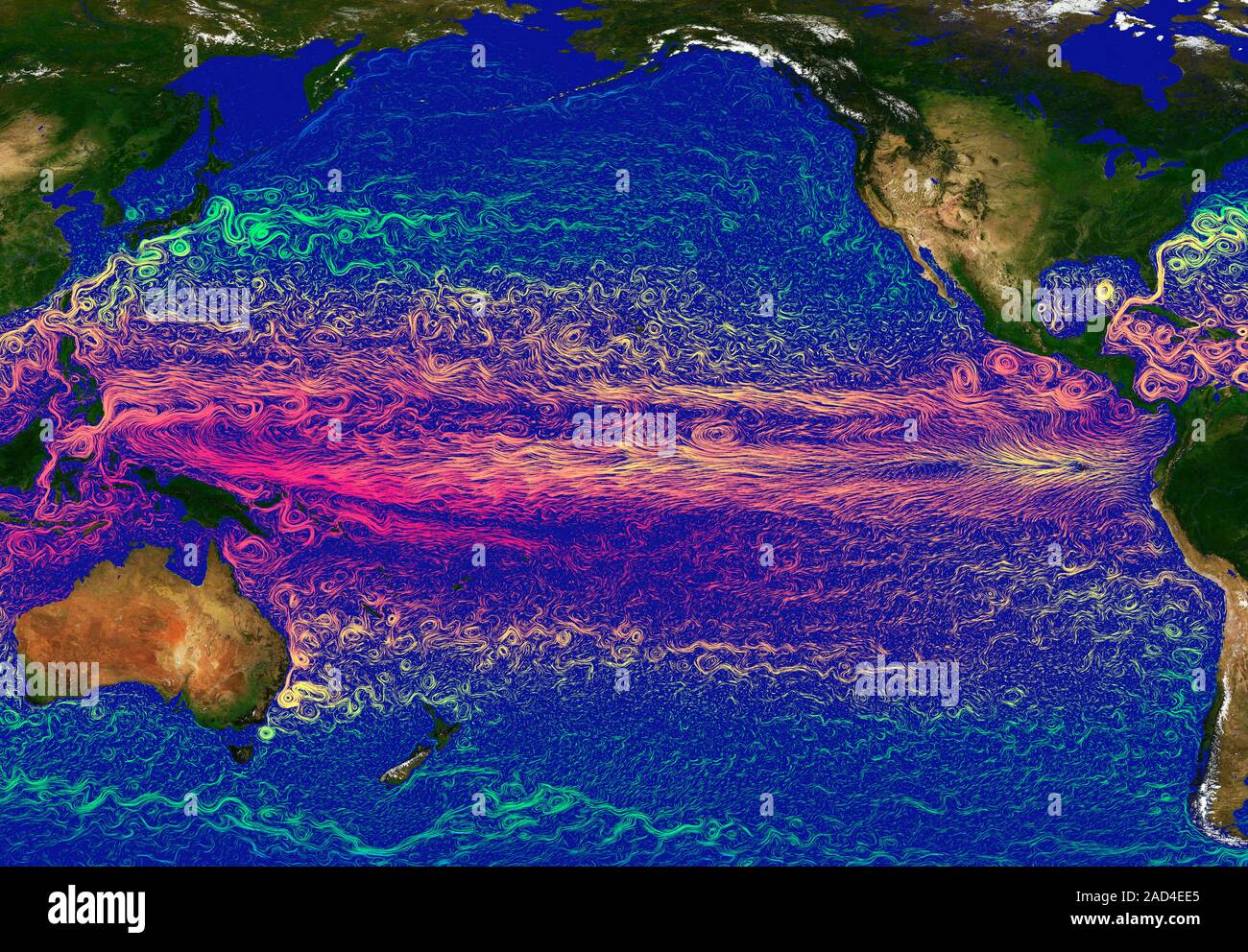 Ocean currents in the Pacific Ocean. Satellite-based graphic showing ...