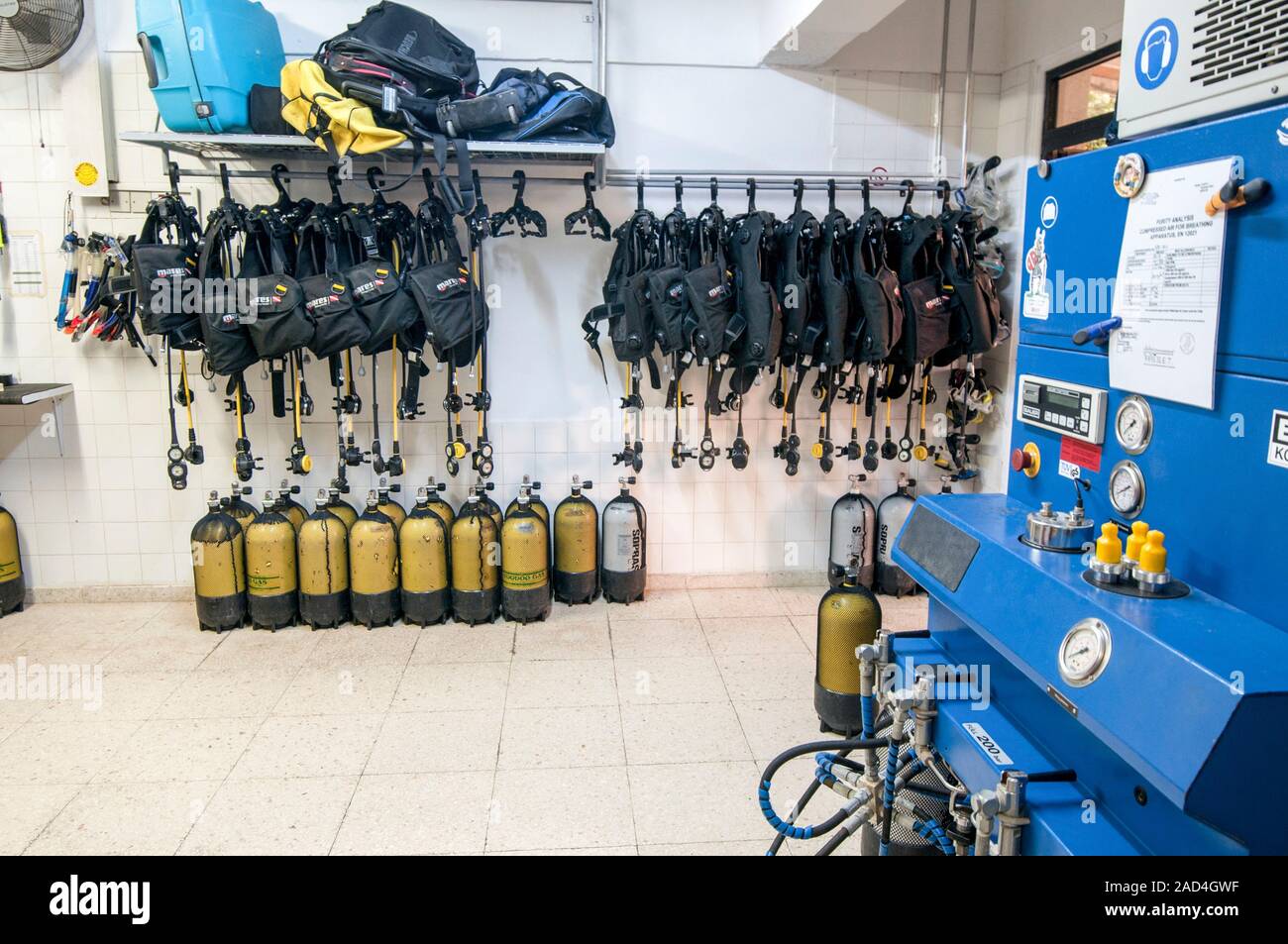 A SCUBA diving club in Larnaca, Cyprus the diving equipment storage