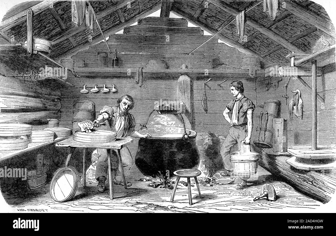 19th Century Swiss cheesemaker. 1875 illustration of a man and his