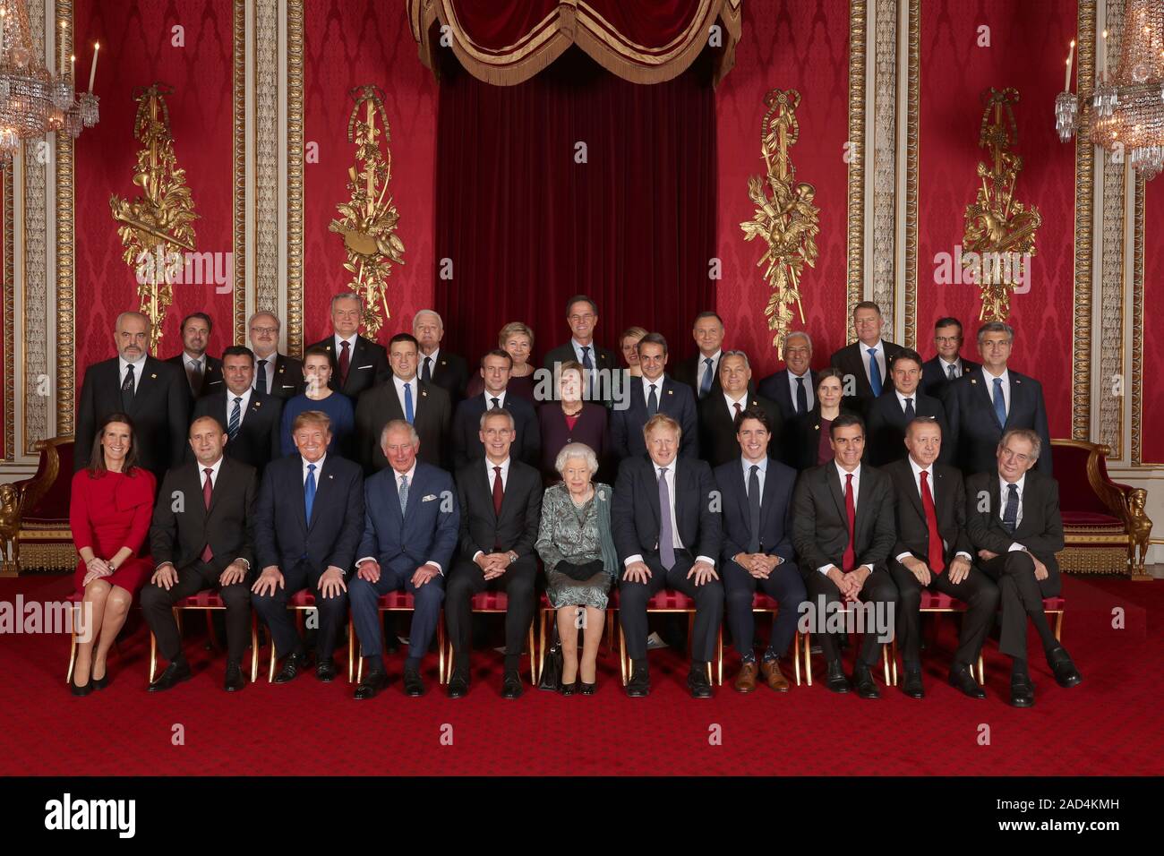 Leaders of Nato alliance countries, and its secretary general, join Queen Elizabeth II and the Prince of Wales for a group picture during a reception in Buckingham Palace, London, as they gathered to mark 70 years of the alliance. Back row, from left: Xavier Bettel, Prime Minister of Luxembourg; Egils Levits, President of Latvia; Gitanas Nauseda, President of Lithuania; Dusko Markovic, Prime Minister of Montenegro; Erna Solberg, Prime Minister of Norway; Mark Rutte, Prime Minister of Netherlands; Zuzana Caputova, President of Slovakia; Andrzej Duda, President of Poland; Antonio Costa, Prime Mi Stock Photo