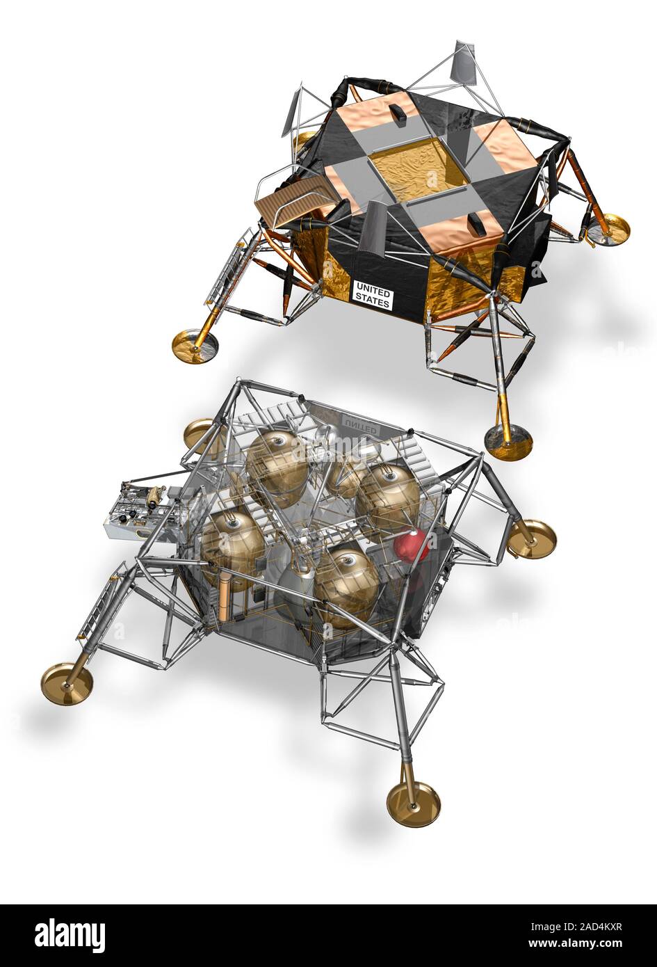 Apollo Lunar Module descent stage, external and cutaway illustrations ...