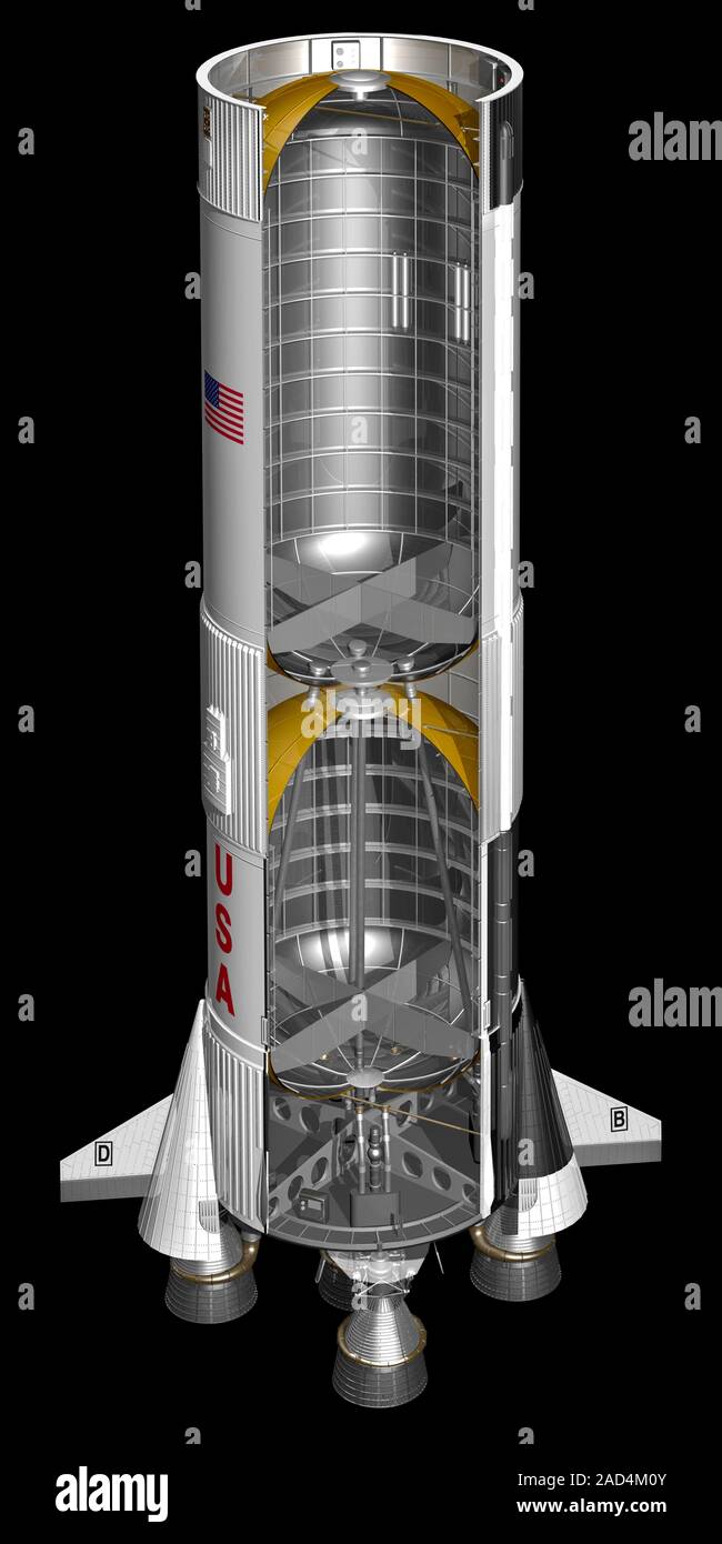 Saturn V rocket. Cutaway illustration of the first stage (S-1C) of