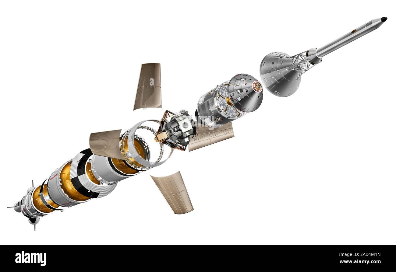 Apollo programme Saturn V rocket, exploded view. The Saturn V was the