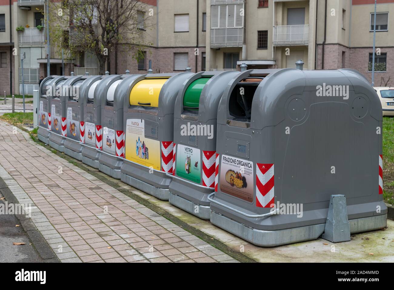 Milan, Italy December 02, 2019 selective waste collection bins Stock