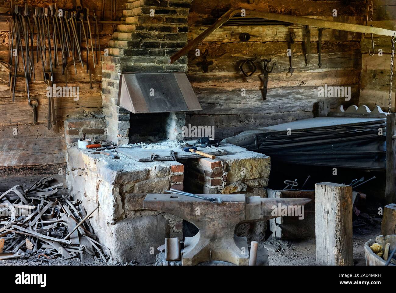 Restored 18th Century blacksmith's. Interior of a restored c. 1769 ...