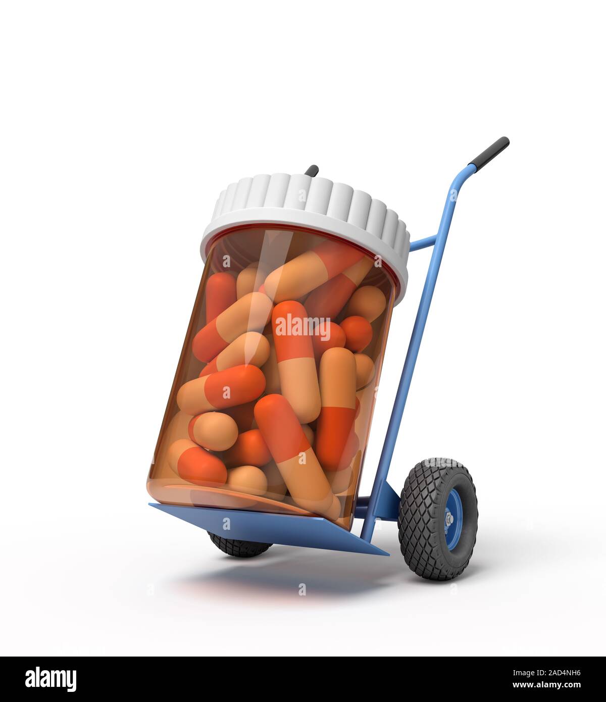 3d rendering of a plastic jar with medical pills on a hand truck. Medicine and health. Bottles and containers. Healthcare industry. Stock Photo