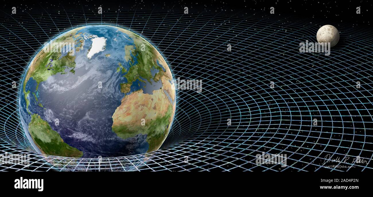 Earth and Moon and space-time. Illustration of the gravitational fields ...