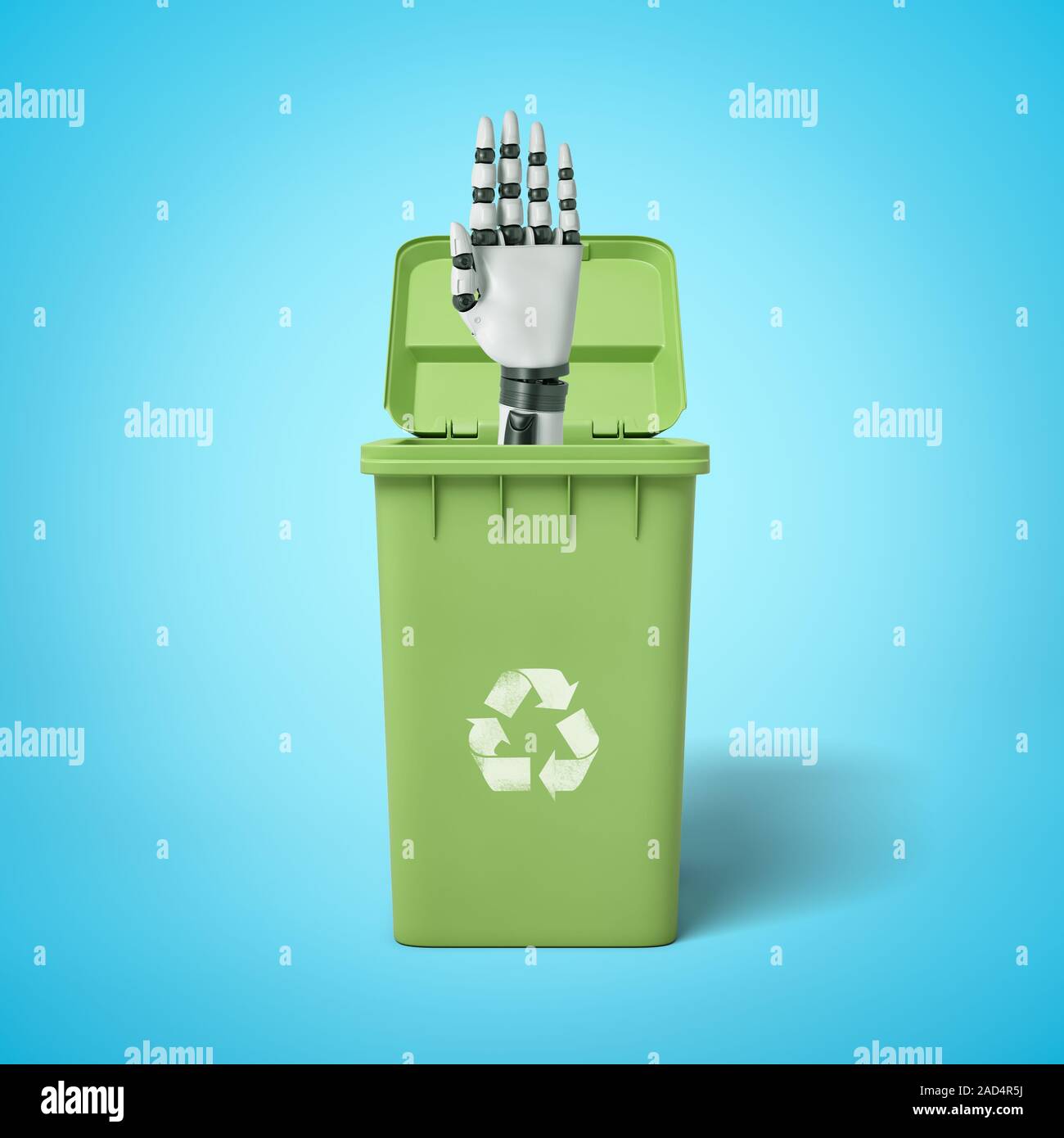 Robotic hand in a green trash bin on blue background. Digital art. Rubbish  can. Ecology and environment Stock Photo - Alamy