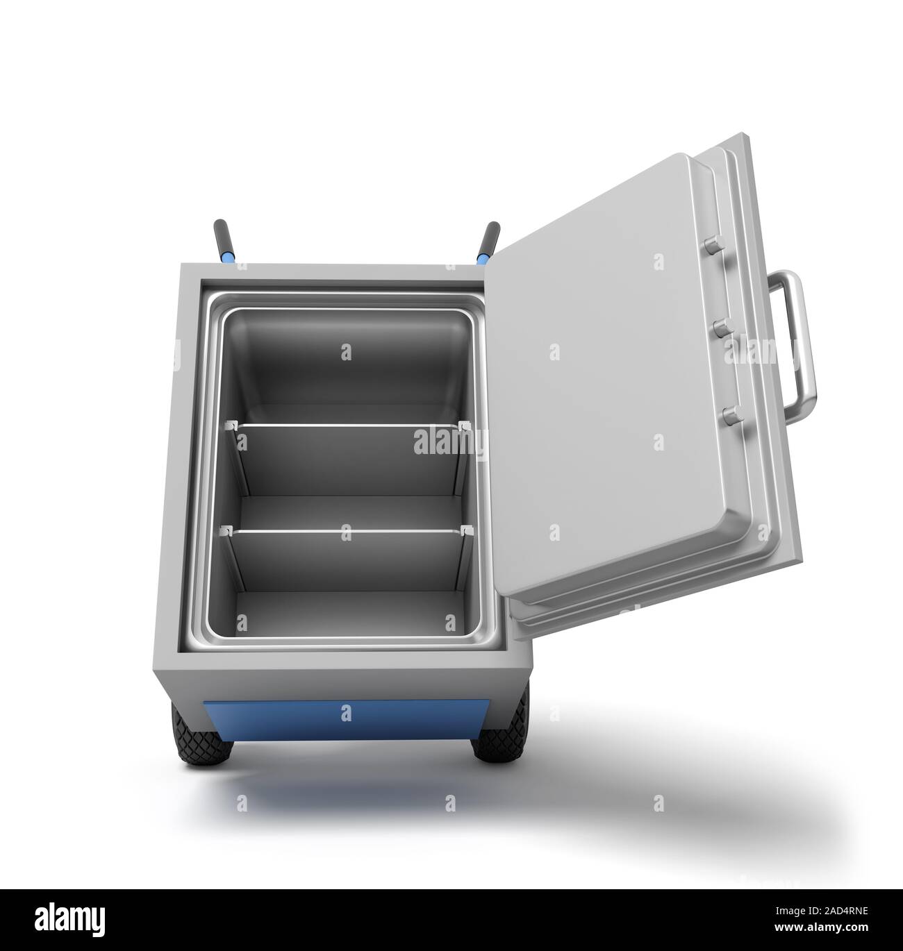 3d rendering of open big light-grey metal safe on blue hand truck. Saving money. Money deposits. Bank security system. Stock Photo