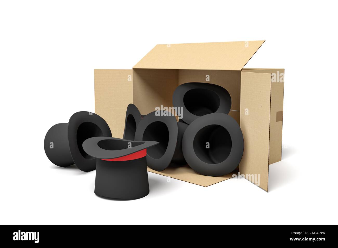 3d rendering of black top hats falling out of a carton box. Digital art. Objects and materials. Clothes and accessories. Stock Photo