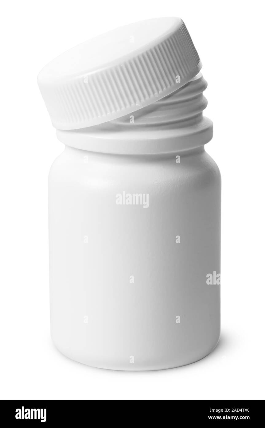 Single plastic bottle with cover removed for pills Stock Photo
