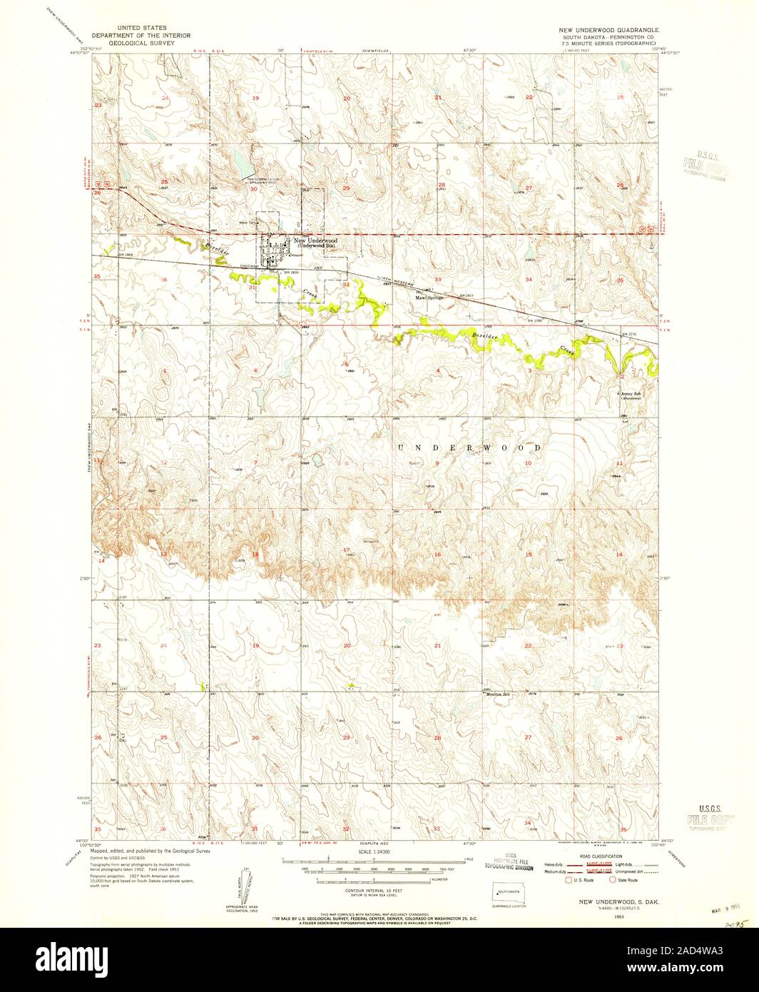 USGS TOPO Map South Dakota SD New Underwood 343842 1953 24000 Restoration Stock Photo