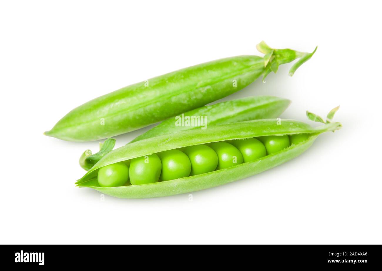 Three green peas in pods Stock Photo