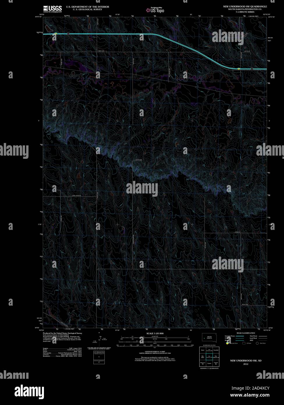 USGS TOPO Map South Dakota SD New Underwood SW 20120622 TM Inverted Restoration Stock Photo