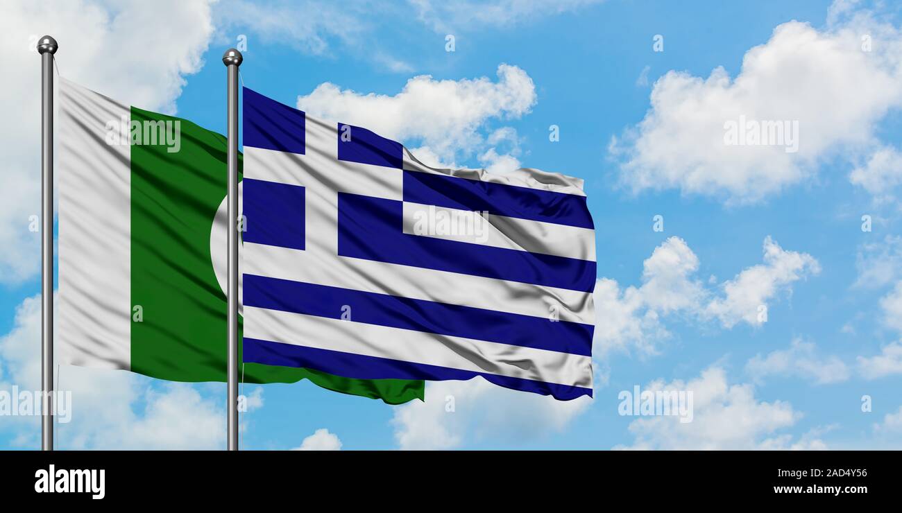 Pakistan and Greece flag waving in the wind against white cloudy blue sky together. Diplomacy concept, international relations. Stock Photo