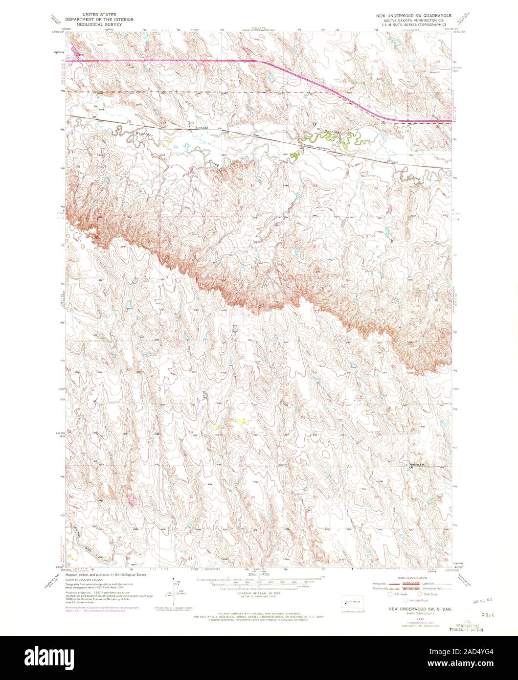 USGS TOPO Map South Dakota SD New Underwood SW 343847 1953 24000 Restoration Stock Photo