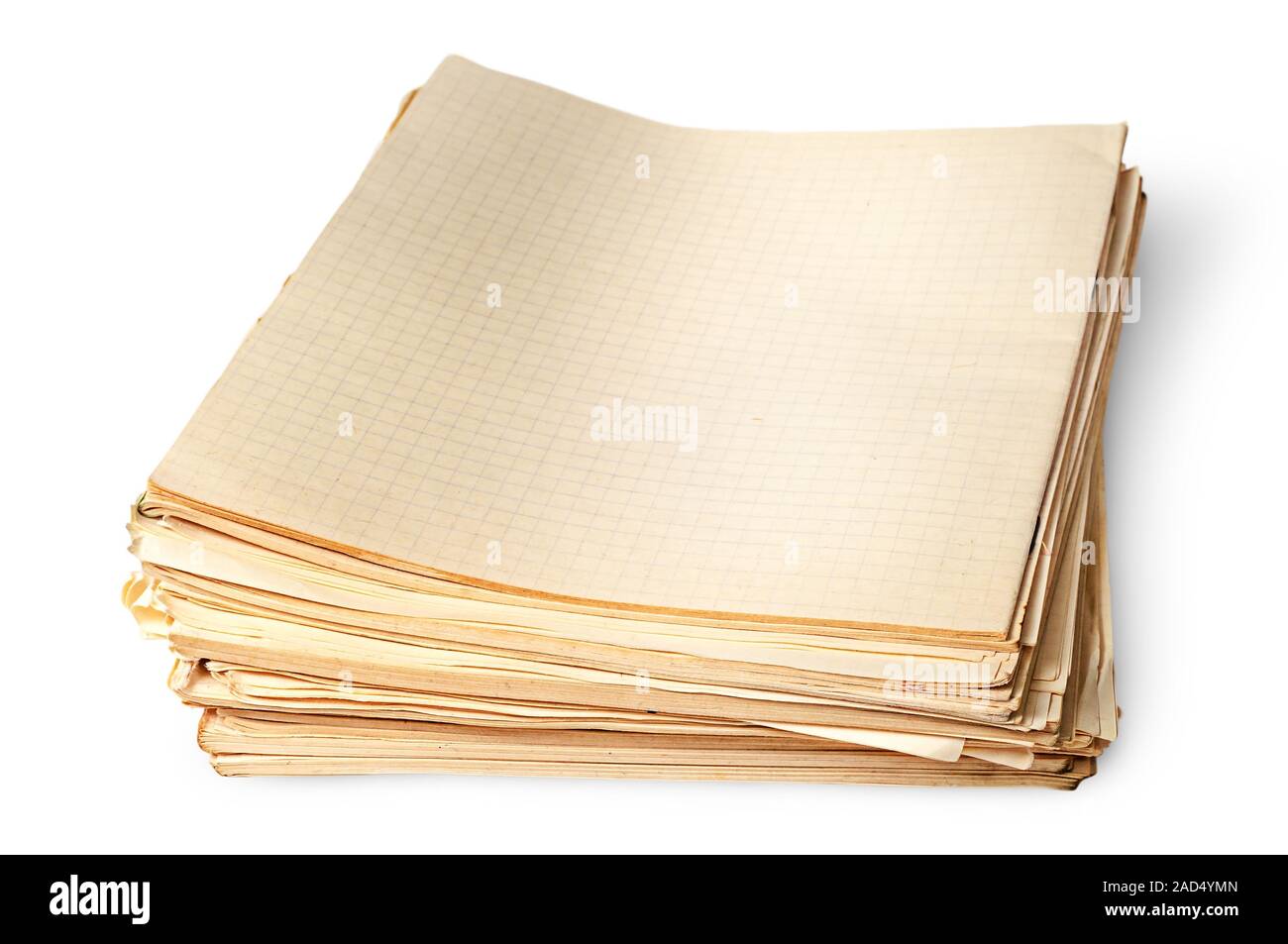 Stack of old yellowed sheets of school notebooks top view Stock Photo
