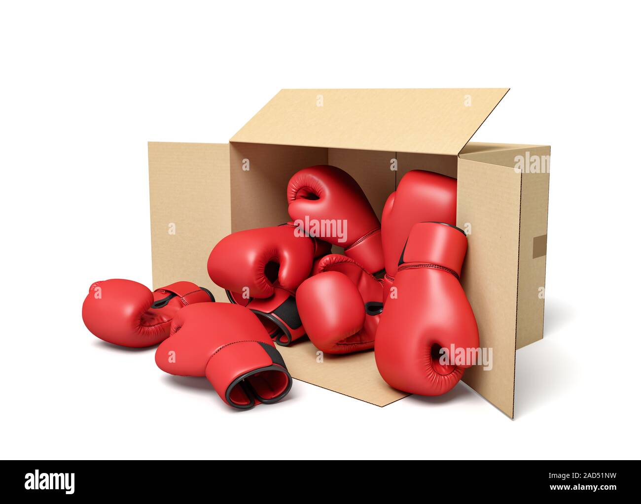 3d rendering of cardboard box lying sidelong full of red boxing gloves. Professional boxing. Buying equipment. Bulk purchase. Stock Photo