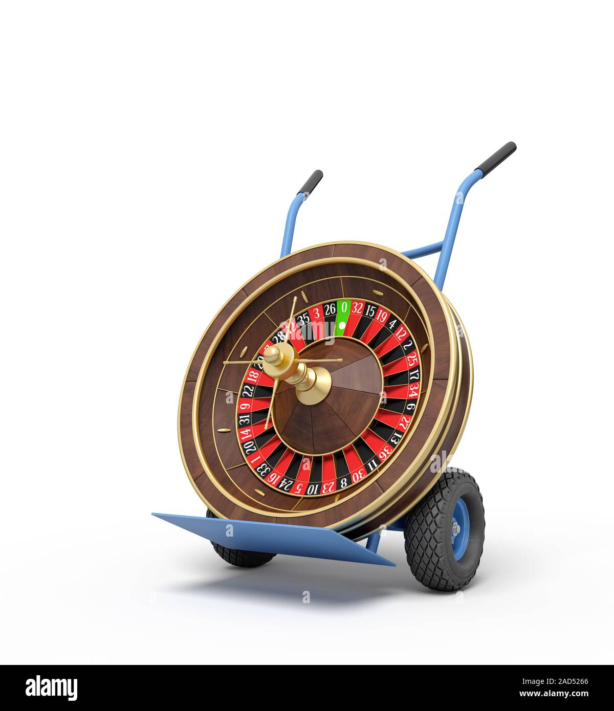 3d rendering of navy blue hand truck standing upright with casino roulette wheel on it. Gambling business. Gambling addiction. Make bets. Stock Photo