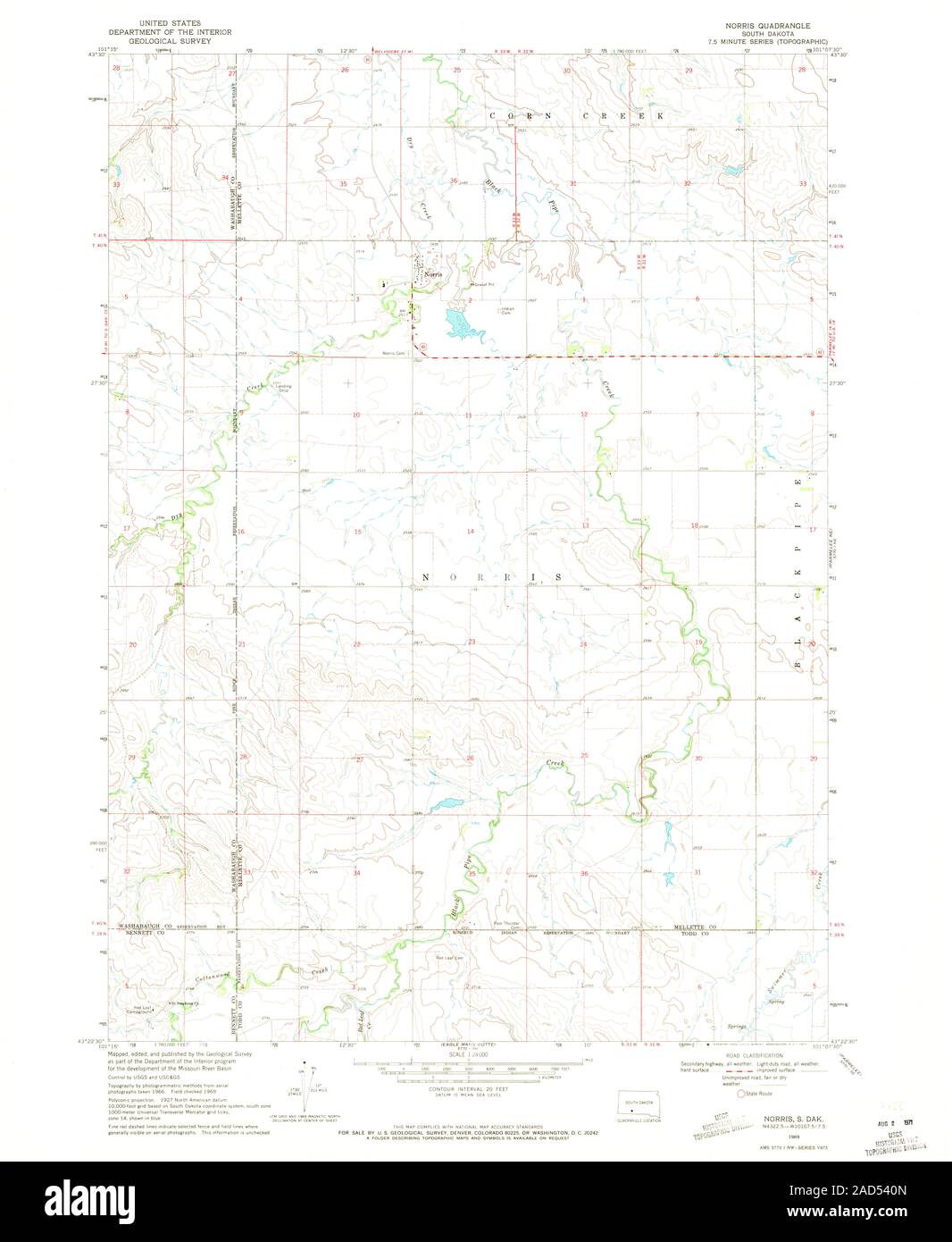 USGS TOPO Map South Dakota SD Norris 343864 1969 24000 Restoration Stock Photo