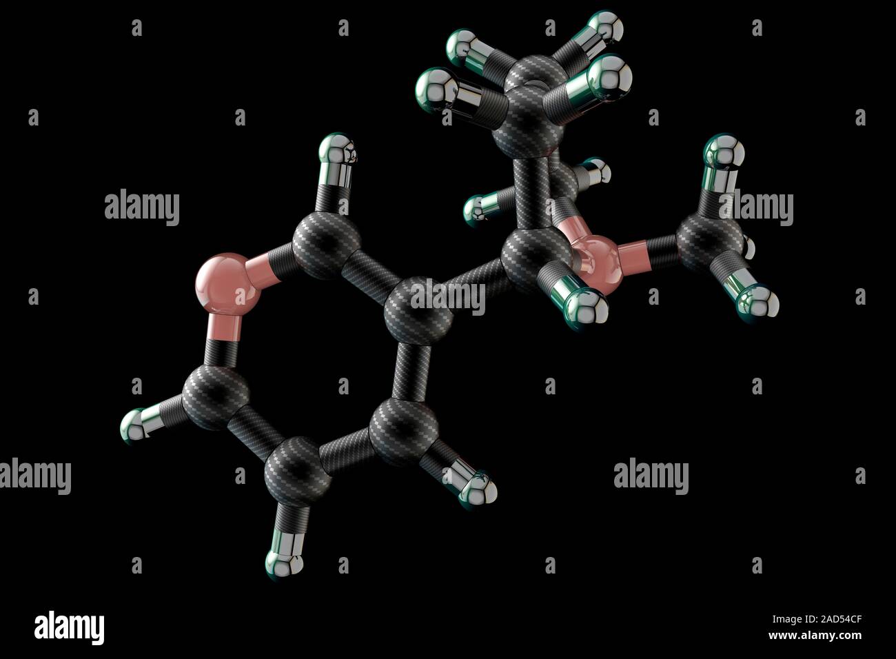 Molecular model of nicotine, an alkaloid drug found in tobacco. Atoms are  represented as spheres. In small doses, nicotine promotes the flow of  adrena Stock Photo