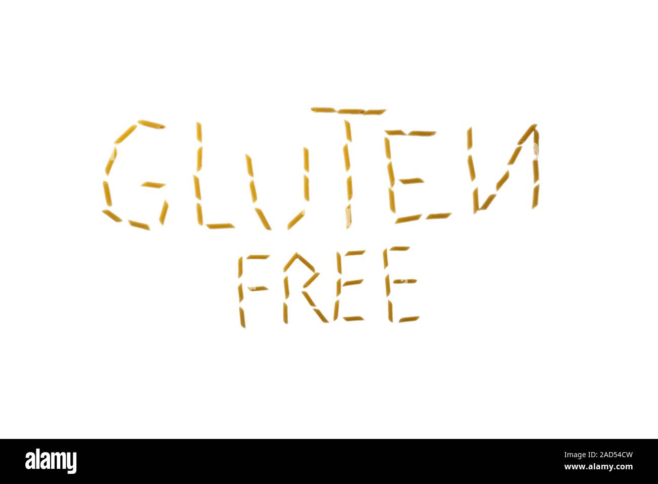 gluten free word made with pasta penne isolated on white background Stock Photo