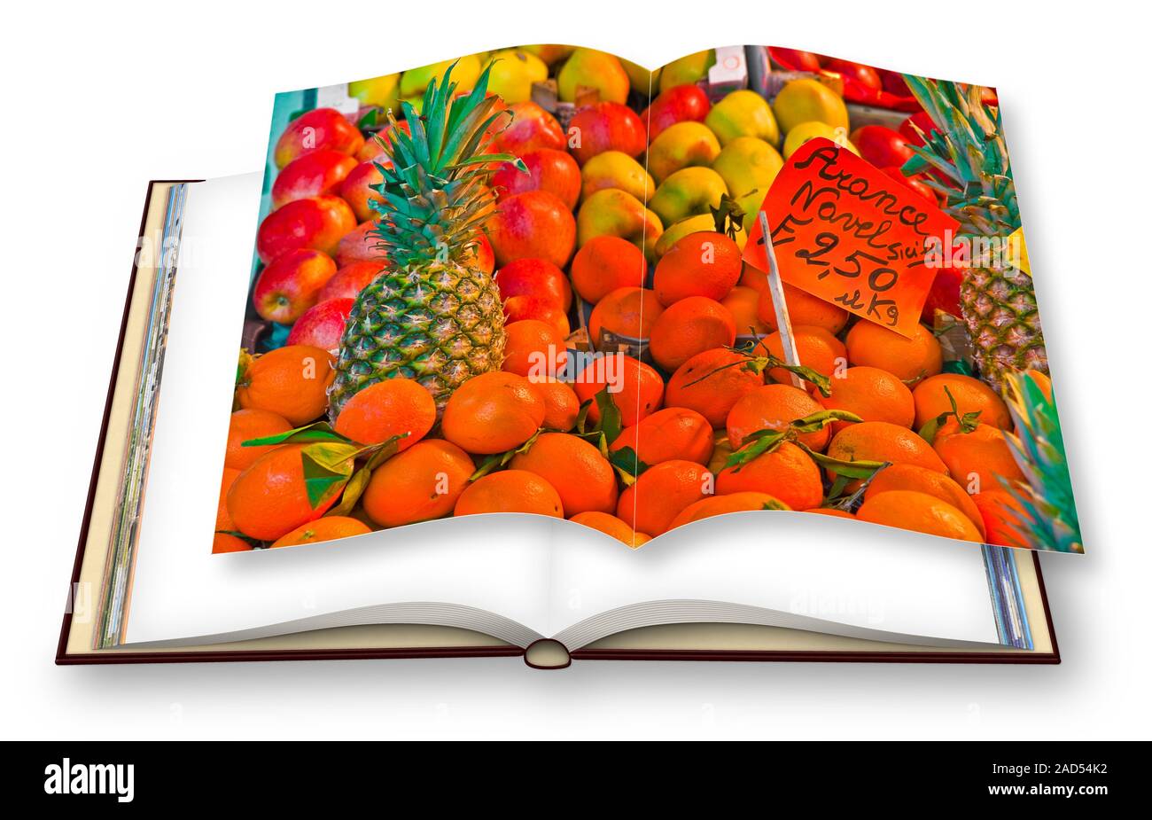 Colorful fruits and vegetables from organic agriculture exhibited in a italian market - 3D render of an opened photo book isolated on white background Stock Photo