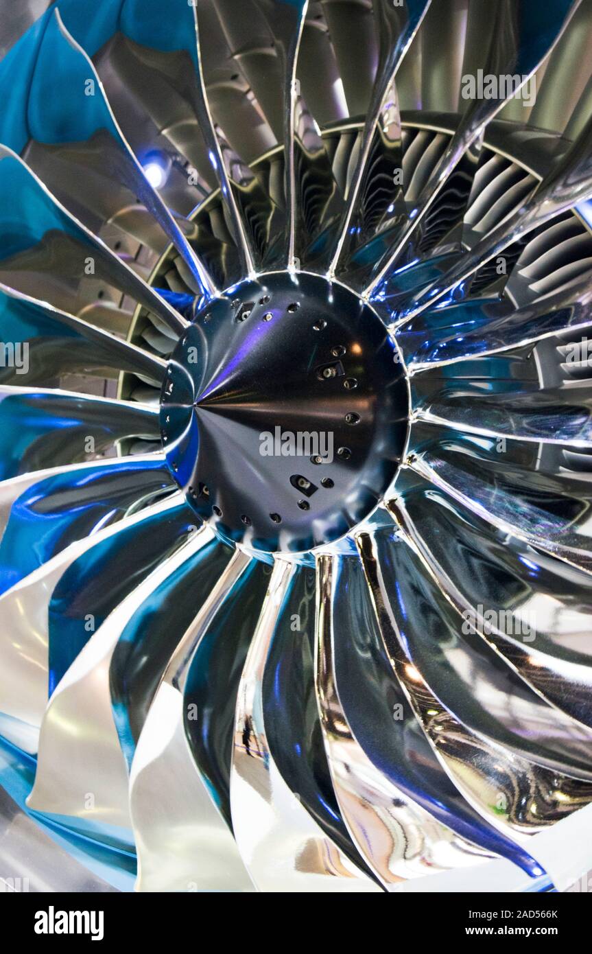 An aircraft engine fan on display at the Paris Air Show, a trade show