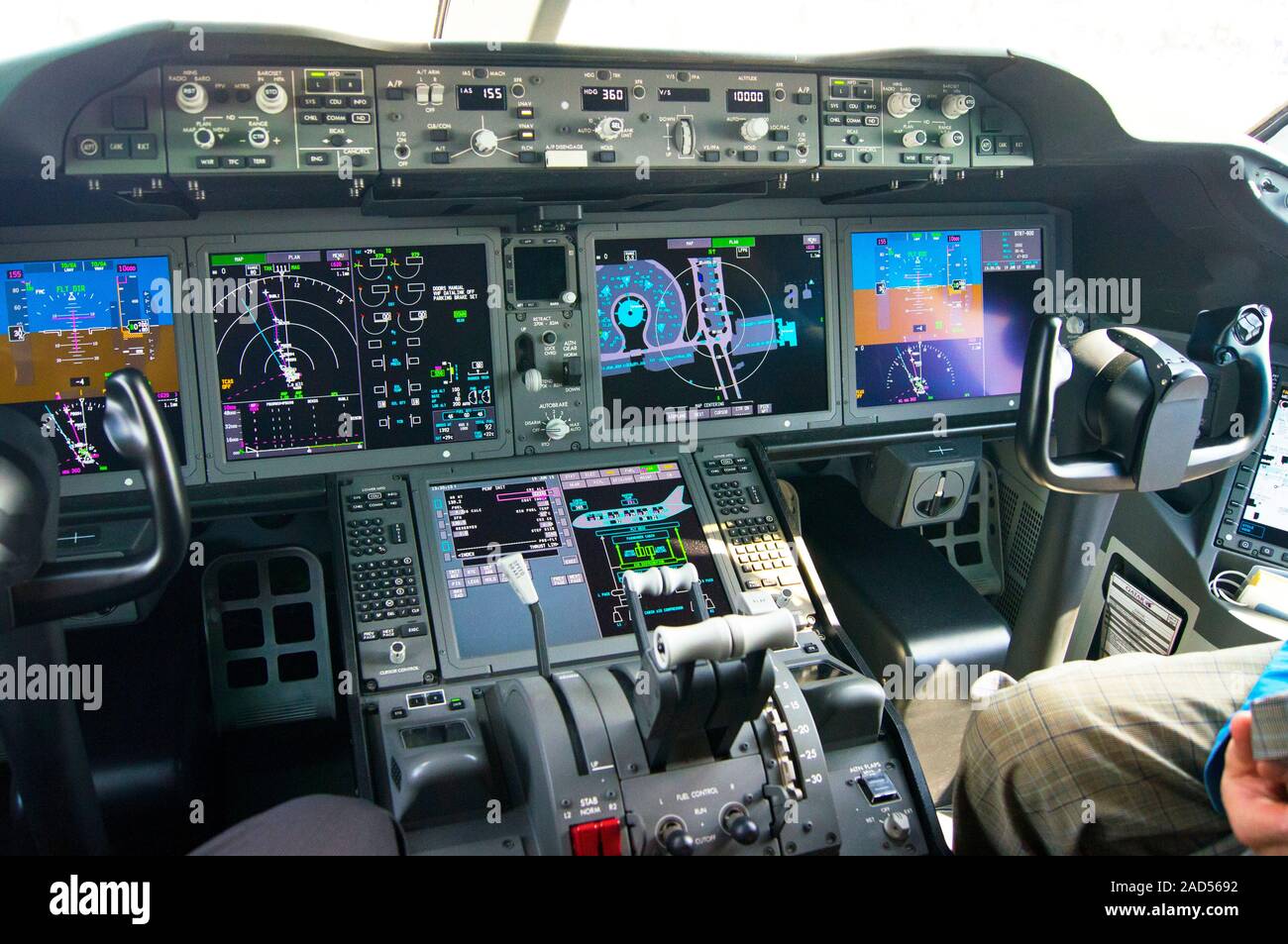 The cockpit instruments of a Boeing 787 Dreamliner on display at the
