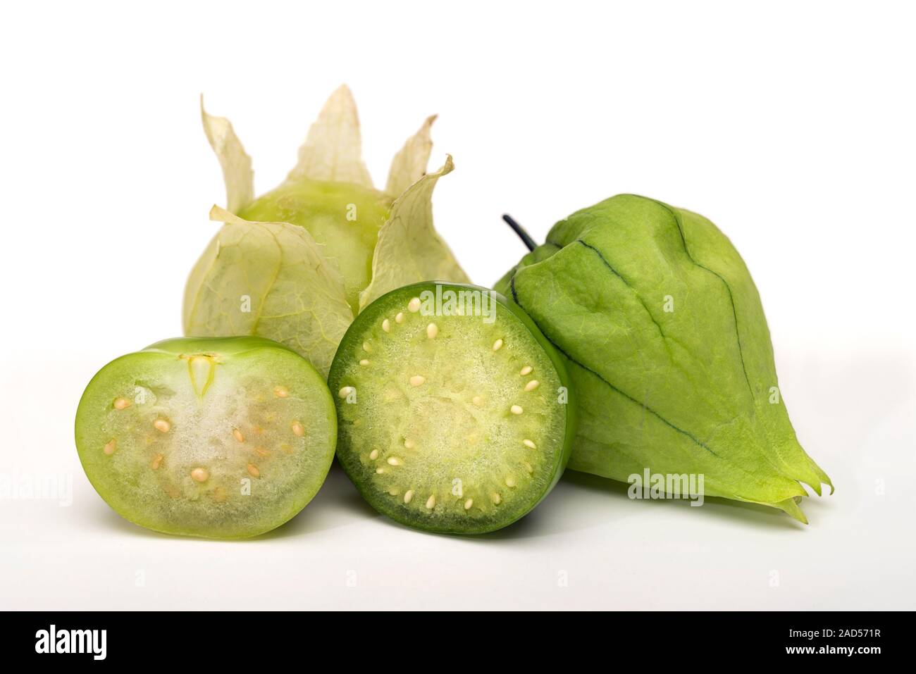 Tomatillo (Physalis philadelphica). This edible fruit is also known as the Mexican husk tomato. Stock Photo