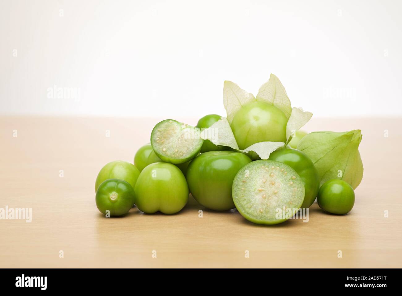 Tomatillo (Physalis philadelphica). This edible fruit is also known as the Mexican husk tomato. Stock Photo