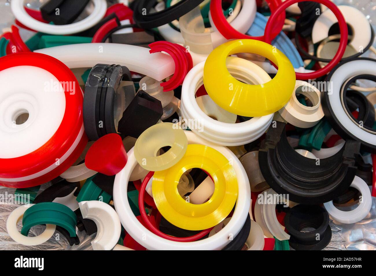Varous products from polyurethane on the exhibition stand. industry Stock Photo