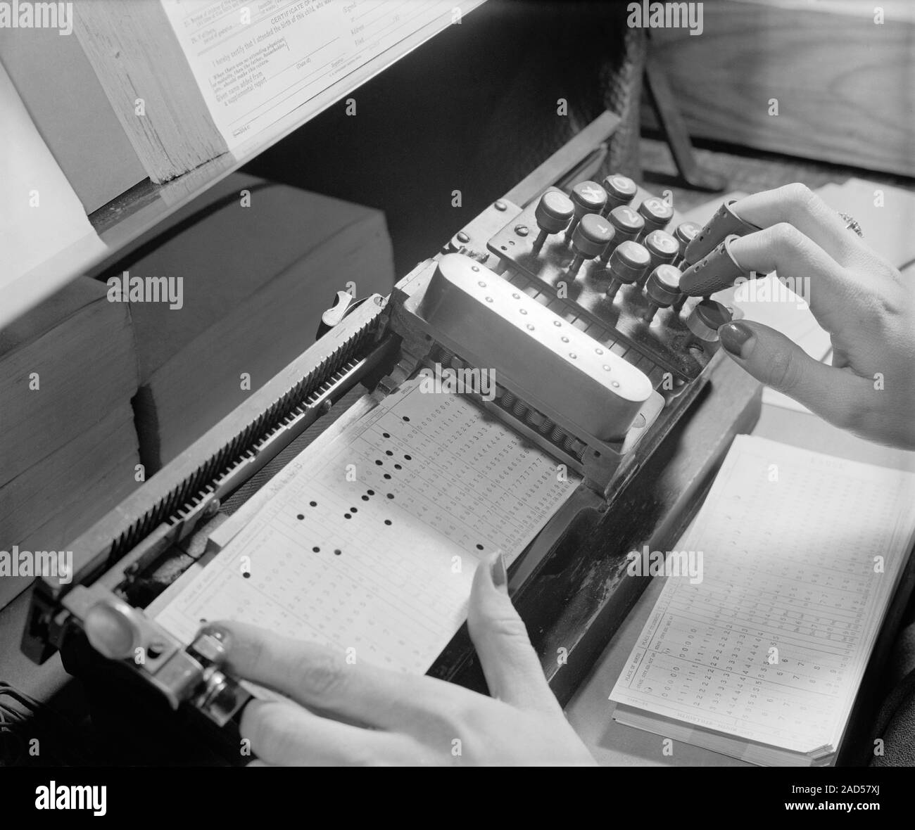 Processing birth certificate data. Close-up of birth certificate data ...