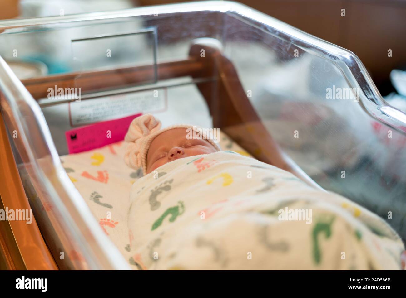 Newborn Baby in Hospital Sleeping In Bassinet Stock Photo