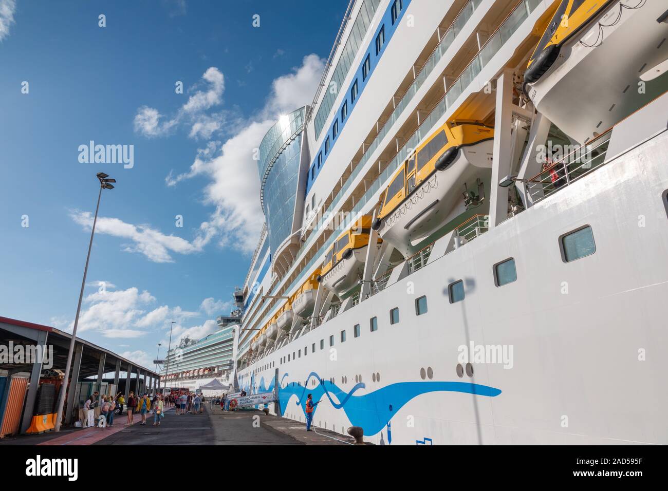 Cruise Ship, Aida Stella in the port of La Palma with P&O cruise ship Ventura in the background. Stock Photo