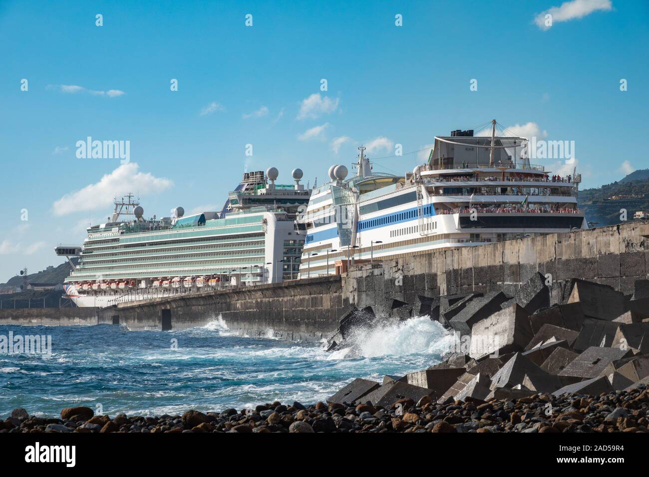 Cruise ships, P&O Ventura and Aida Stella in the port of La Palma Stock Photo