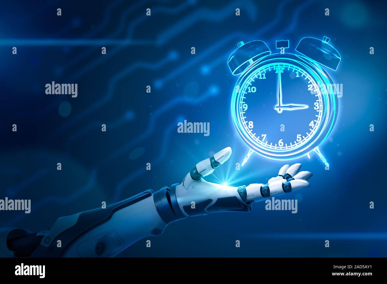 Robotic hand and neon alarm clock on blue background. Concept art