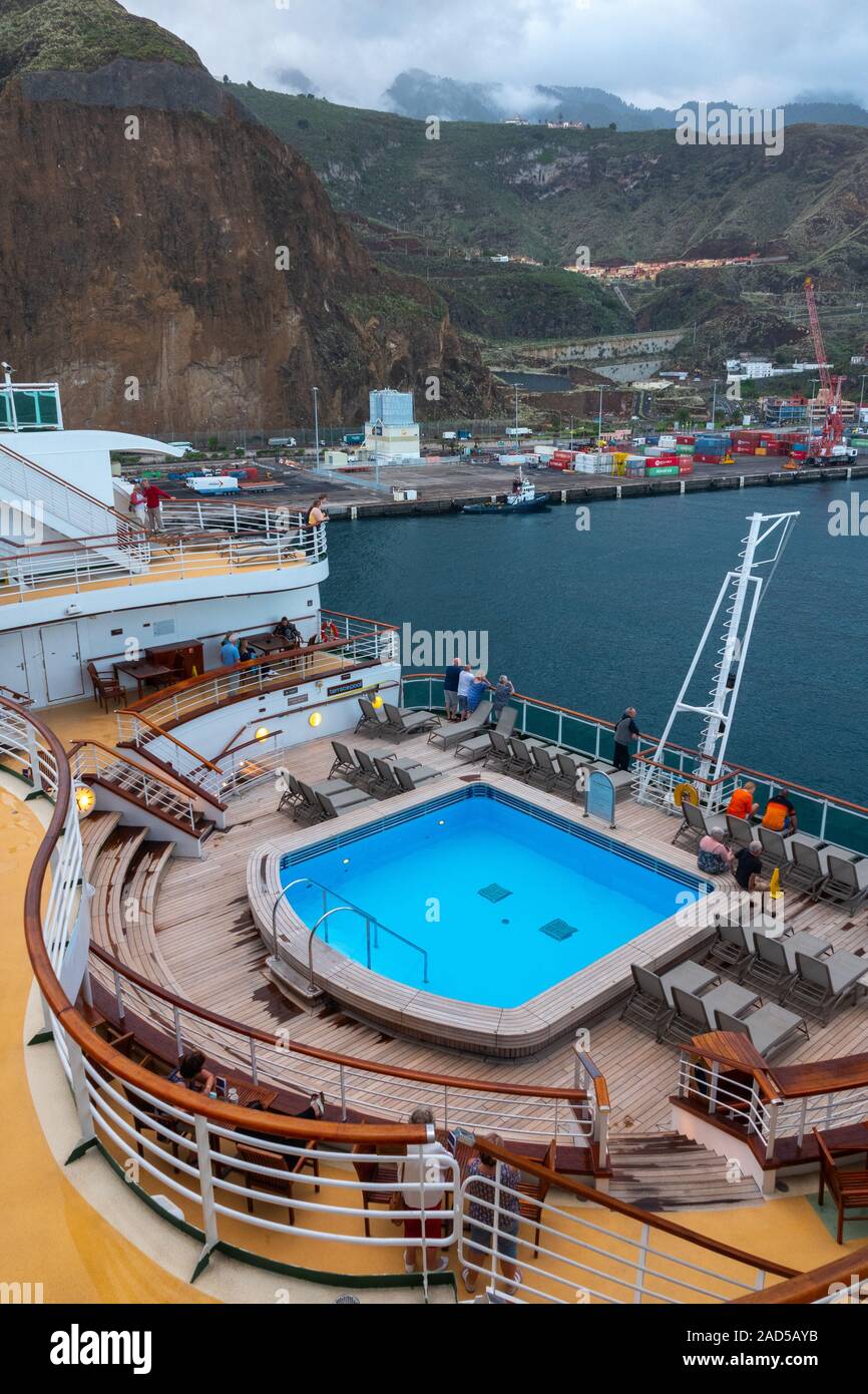 Cruise Ship P O Ventura Leaving The Port Of La Palma With Rear Deck Swimming Pool In View Stock Photo Alamy