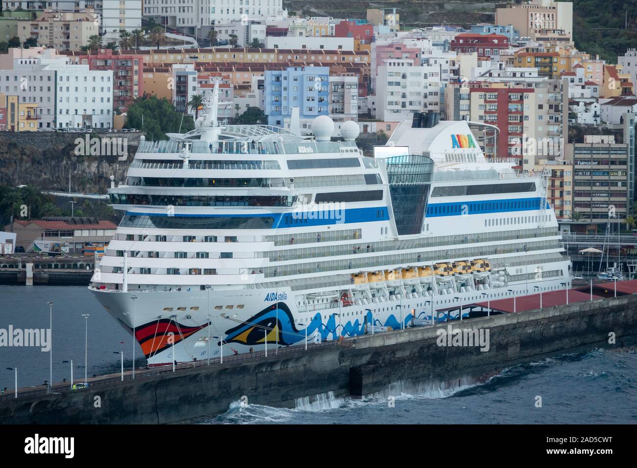 View of the Cruise Ship, Aida Stella from the P&O Ventura as it leaves the port of La Palma Stock Photo
