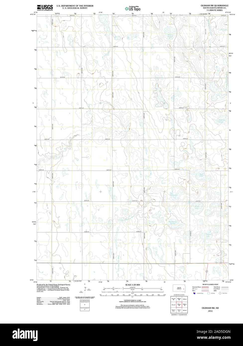 USGS TOPO Map South Dakota SD Oldham SW 20120618 TM Restoration Stock