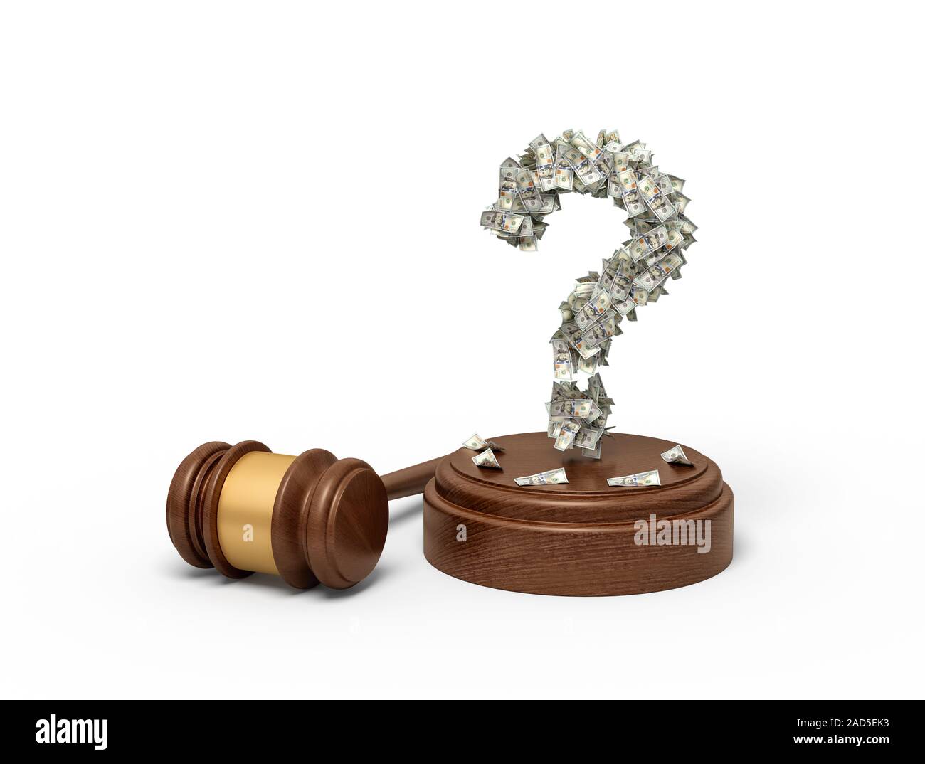 3d rendering of question mark formed with dollar banknotes standing on sounding block with gavel beside. Owe money. Big money refund. Investors financ Stock Photo