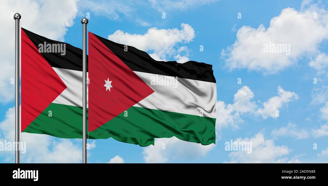 Palestine and Jordan flag waving in the wind against white cloudy blue sky  together. Diplomacy concept, international relations Stock Photo - Alamy