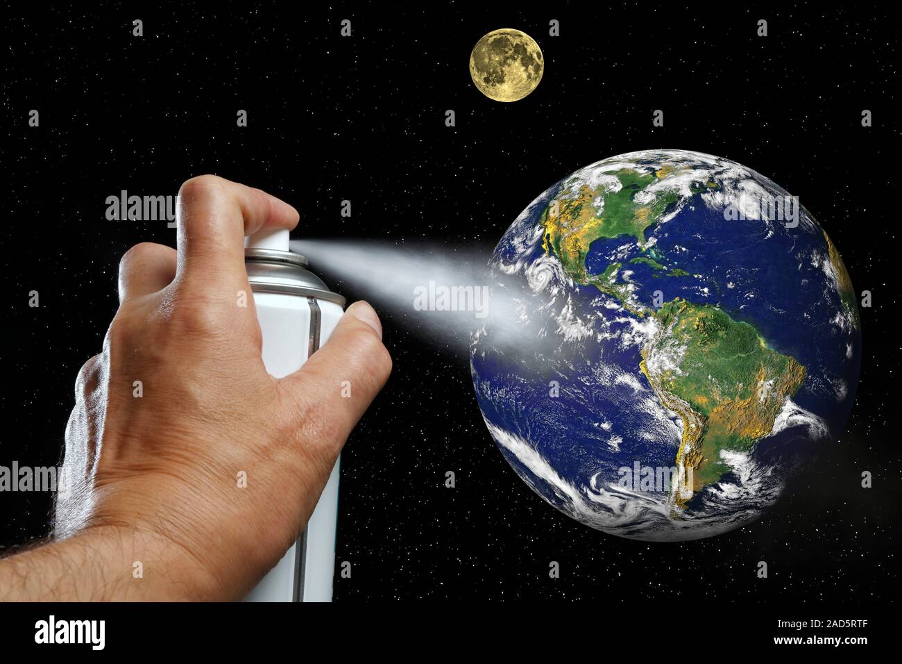 Ozone layer destruction. Conceptual image of an aerosol can being used