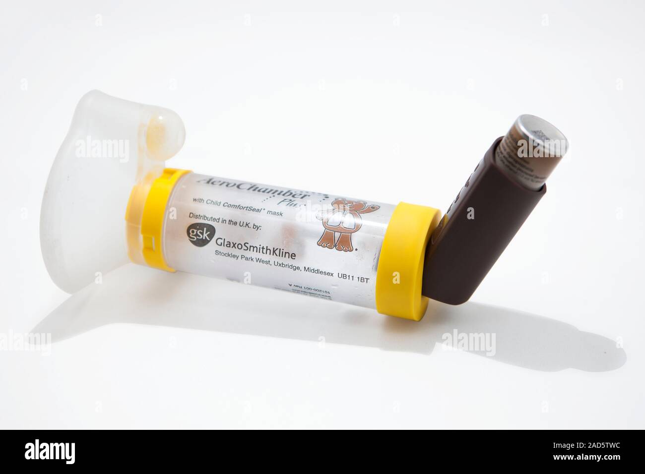 Asthma inhaler with an aerochamber spacer attached. This pump dispenses