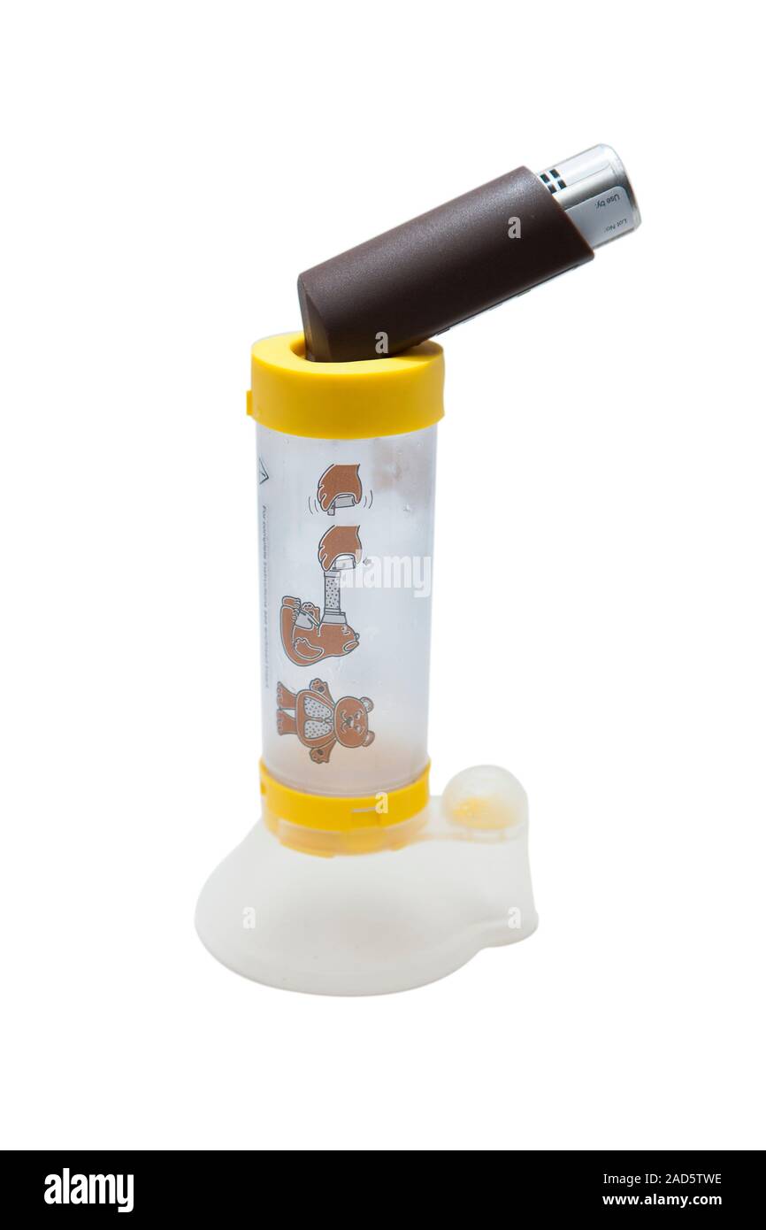 Asthma inhaler with an aerochamber spacer attached. This pump dispenses