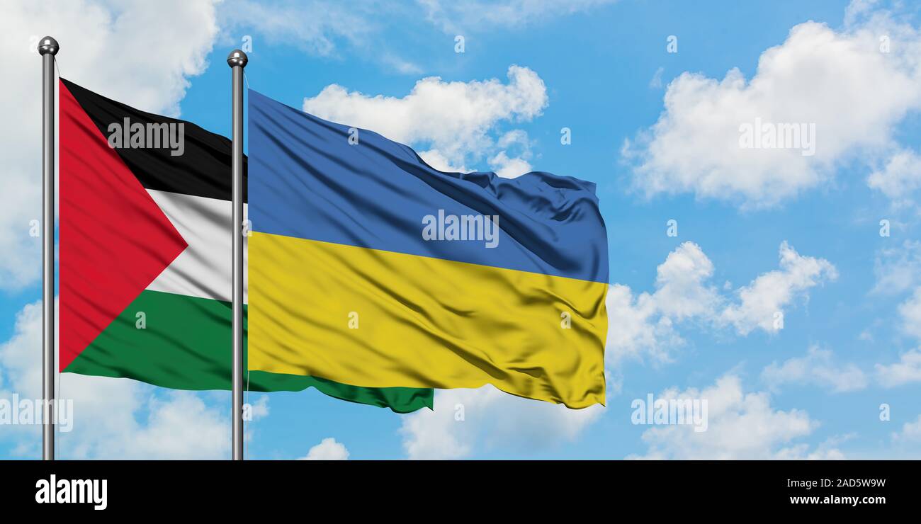 Palestine and Ukraine flag waving in the wind against white cloudy blue