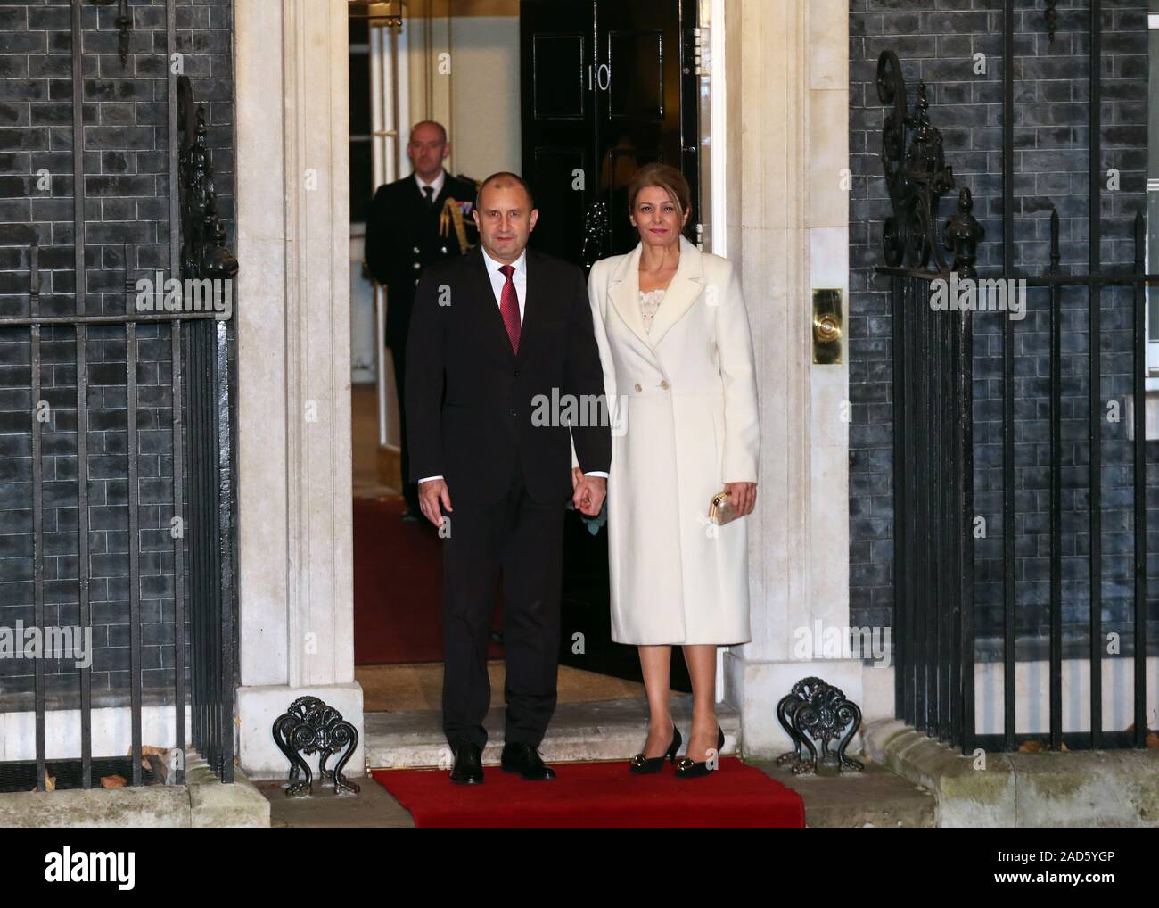 President of the Republic of Bulgaria Rumen Radev and his wife Desislava  Radeva arrive for an evening reception for Nato leaders hosted by Prime  Minister Boris Johnson at 10 Downing Street London,