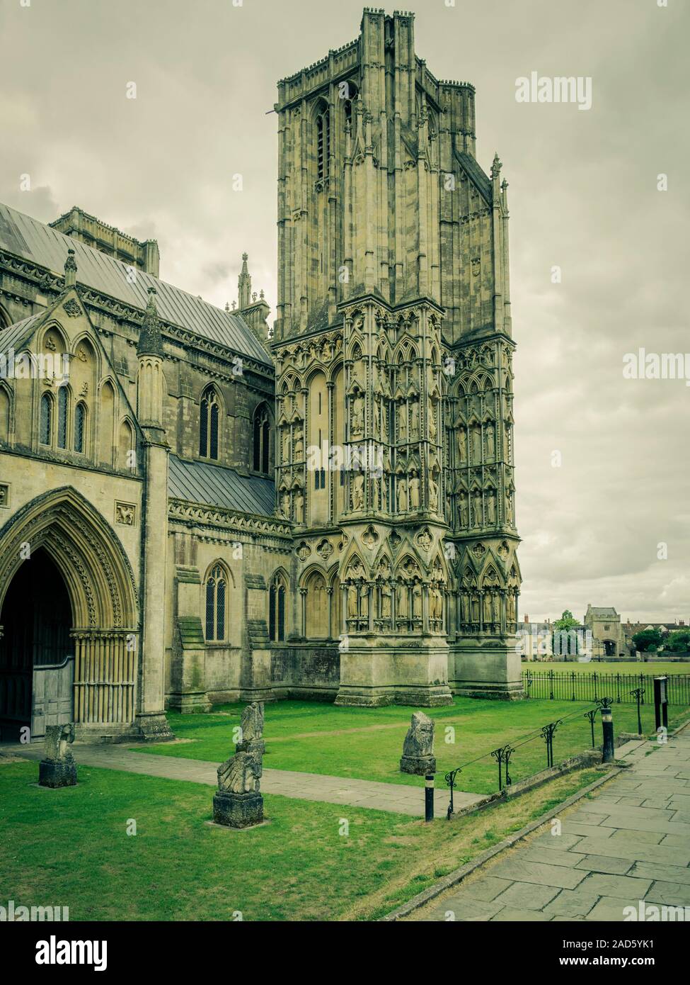 Toned image of the North West tower and north porch of Wells Cathedral, Wells, Somerset, England, UK Stock Photo