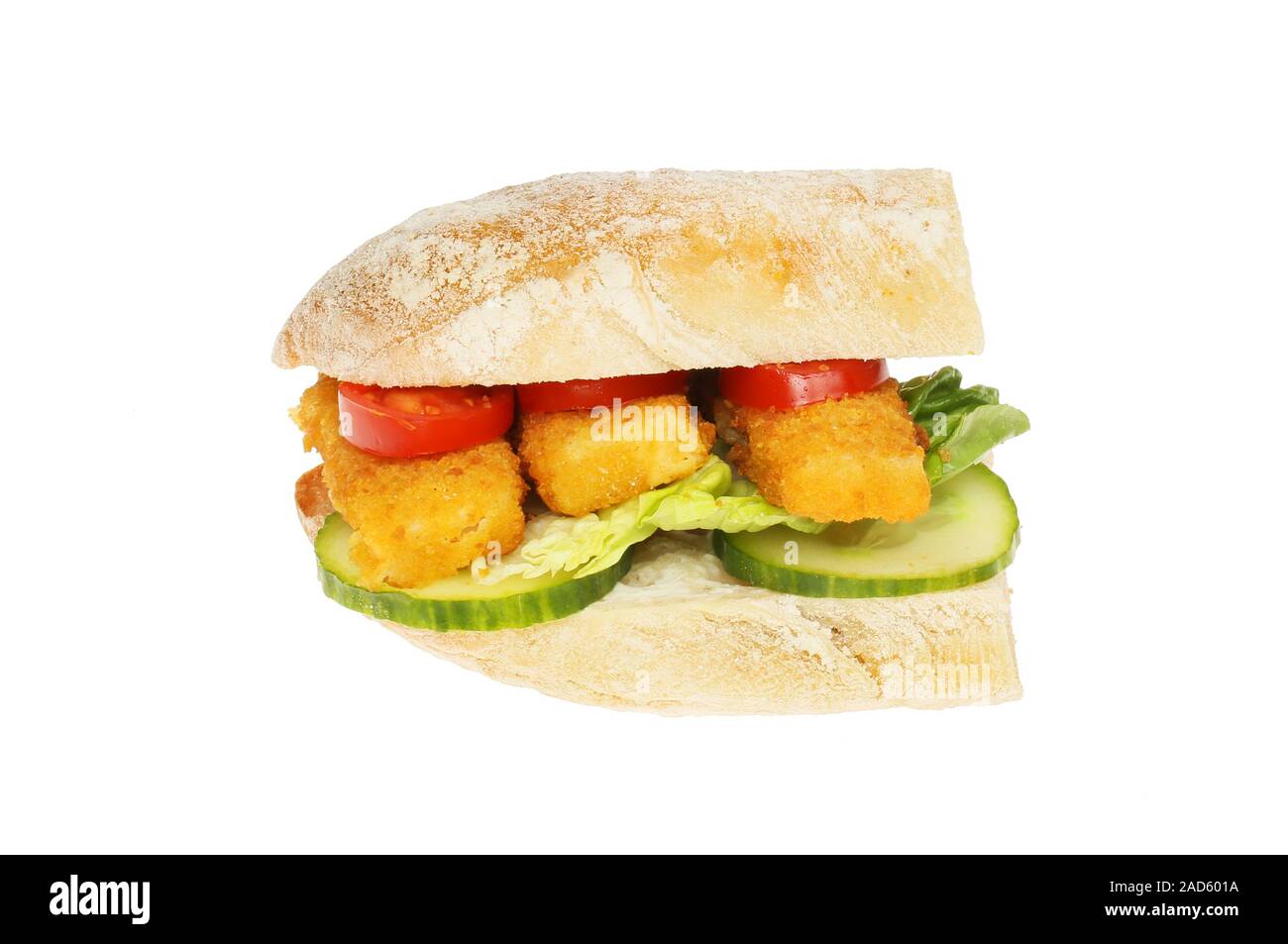 Fish fingers and salad in a ciabatta roll isolated against white Stock Photo