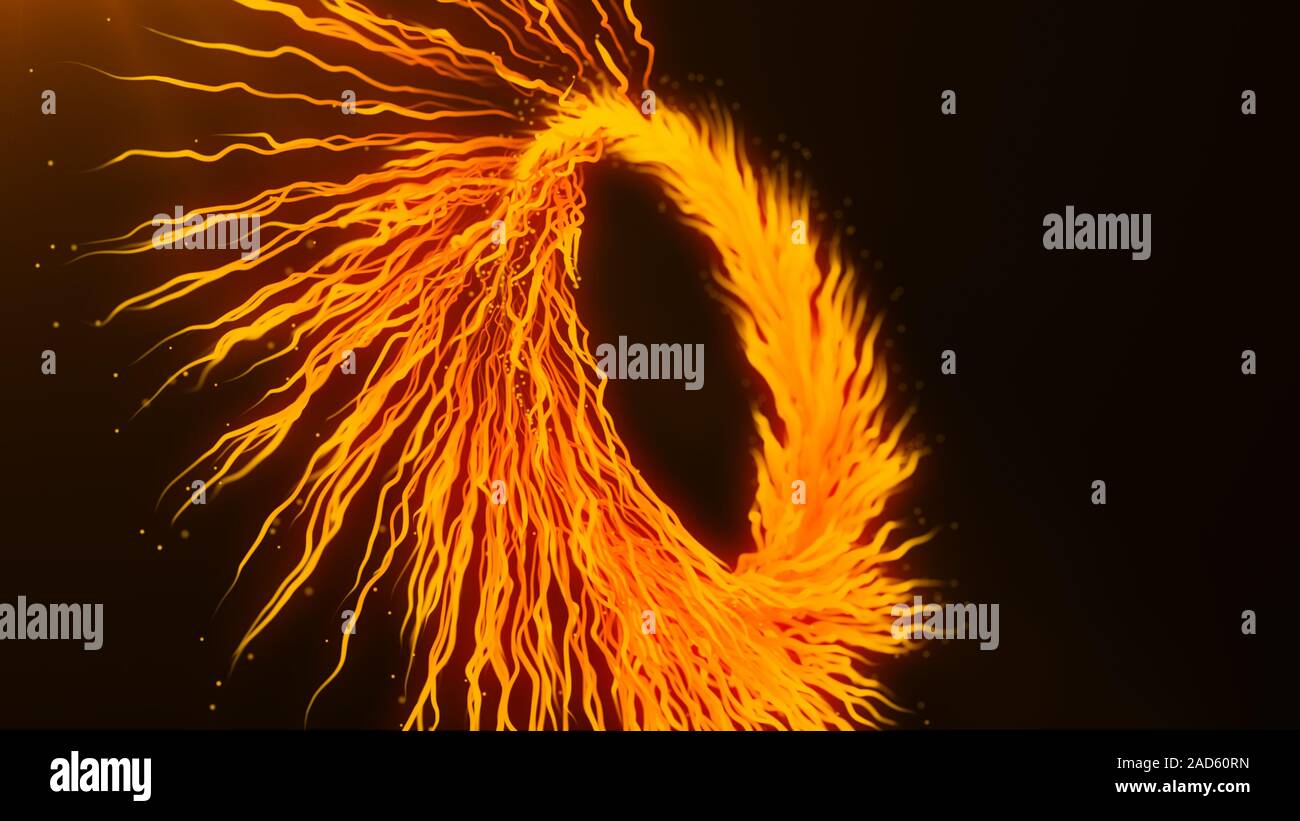 Orange colored spiral and spheres, abstract color wormhole tunnel, background with rotation of lines and particles. 2d and 3d animation. Growing bunch of optical fibers Stock Photo